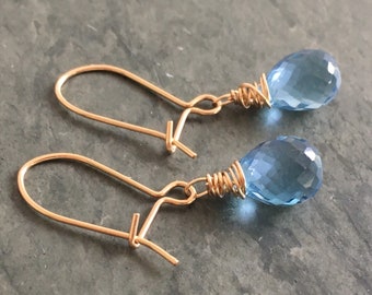 Aigue marine,boucles d'oreilles,quartz plaqué or goldfilled,goutte briolette,pierre gemme,bijou femme fait main,skyblue drop earrings