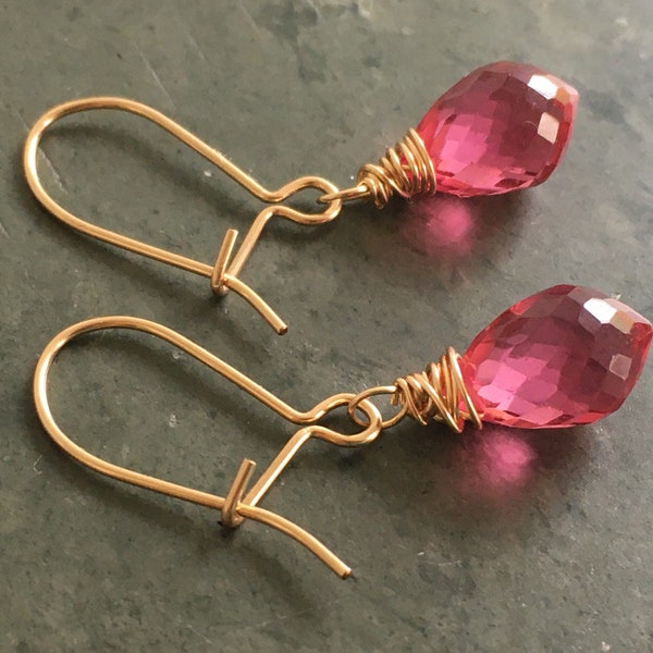 Rubellite, earrings, goldfilled gold plated quartz, briolette drop, gemstone, handmade women's jewelry, hot pink drop ruby earrings