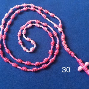 Rosary cross knot rosary, men's unisex long necklace, cruz oración, Mexican, Latin crucifix, wire cord, male, día de muertos 30-rose x 2/2 pinks