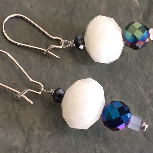 Boucles d'oreilles,noir et blanc,cristal verre,argenté,bijoux fantaisie