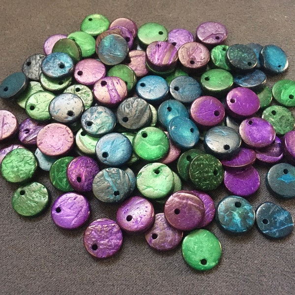 40 perles 1.2cm,bois de coco,sequin vert violet,lentejuelas,breloque pendentif,bois écologique,tagua ivoire végéta graine semillas