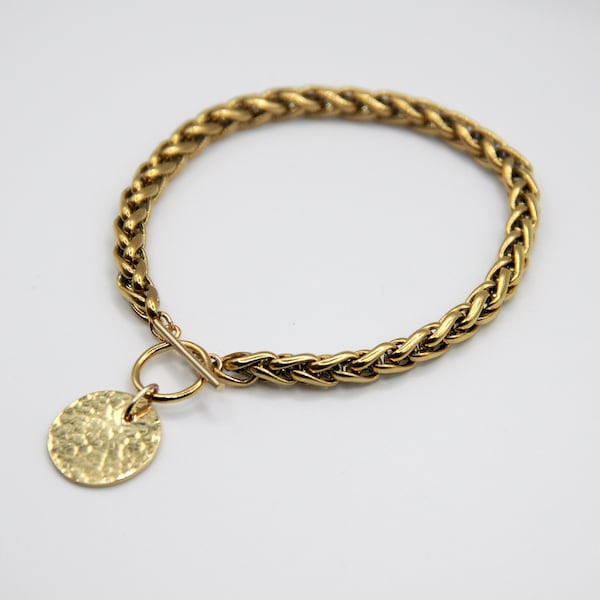 Bracelet toggle "Pleine Lune" / médaille martelée en laiton doré à l'or fin et chaîne maille palmier