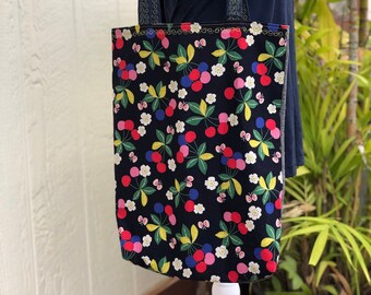 Tote Bag with Cherries and yellow embroidered straps