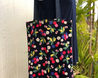 Tote Bag with Cherries and yellow embroidered straps 2