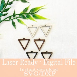 May include: Wooden triangle-shaped earring charms in white, brown, and dark brown. The charms are laser-cut with a hole at the top for hanging. The image also includes the text "Laser Ready - Digital File" and "Instant download SVG/DXF".