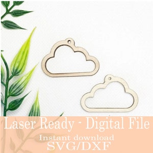 May include: Two wooden cloud-shaped cutouts with small holes for hanging. The clouds are light brown and have a simple outline design. The image also includes the text "Laser Ready - Digital File" and "Instant download SVG/DXF".
