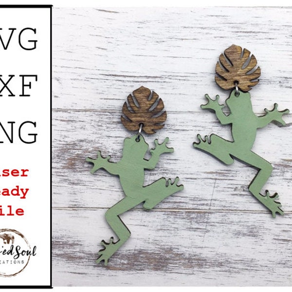 EARRINGS SVG, Monstera leaf with frog ,  stud, Two piece earring, leaf and frog Earring Template, Cut File, Glowforge, K40 laser