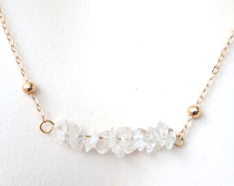 Gold clear quartz bar necklace april  birthstone horizontal pendant customizable mineral jewellery skinny bar crystal healing wedding gift