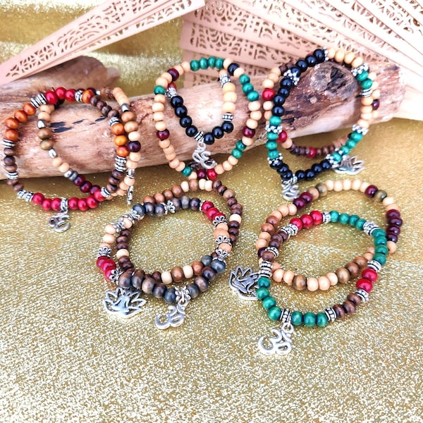 Ensemble bracelets en perles bois colorés pour enfants femmes bracelets ethniques style tibétains bracelets empilables bijoux yoga ohm aum