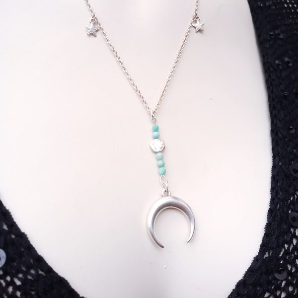 Collier lune et étoiles argent pendentif lune inversée perles amazonite collier corne d'abondance cadeau tendance femme amie bijoux célestes