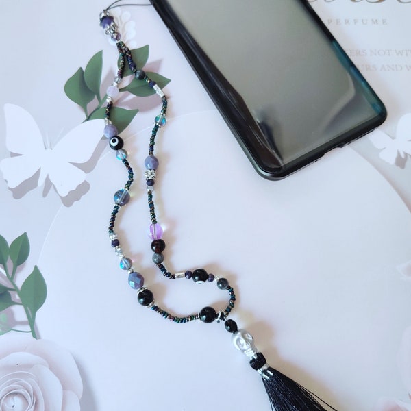 Bijou de téléphone cristal unisexe bracelet de portable à perles noires bijou glam rock charm cadeau accessoires téléphone phosphorescent