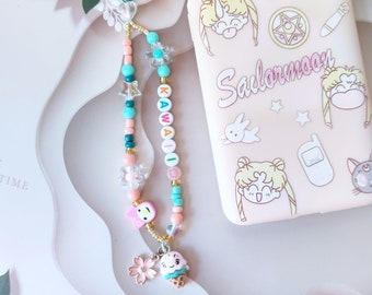 Kawaii telefoonhanger in pastelkleuren, telefoonhanger, telefoonkoord voor tas, kleurrijk smartphone polsbandje, geïnspireerd op de jaren 90, cadeau voor tieners