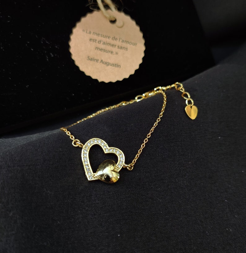 Bracelet cœurs entrelacés plaqué or et oxydes de zirconium bracelet double coeur d'or bijoux amour infini fiancée femme cadeau anniversaire image 3