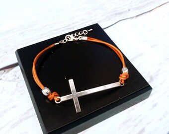 Bracelet Cuir Croix Hommes - Artisanat Français - Bracelet Simple Croix Argent  Religieux - St Valentin Lui - Bijoux Personnalisables Cuir