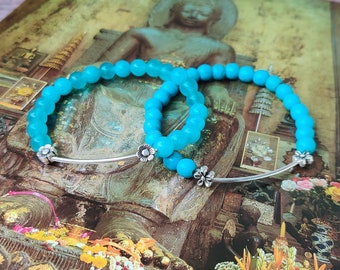 Natural stone blue bracelet silver elastic bracelet blue and silver bracelet blue chalcedony bracelet natural turquoise bracelet birthstone