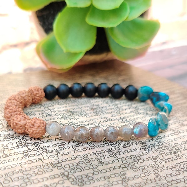 Triple protection bracelet black onyx labradorite apatite rudraksha for protection and balance-healing energy bracelet FRANCE Made 8/6 mm