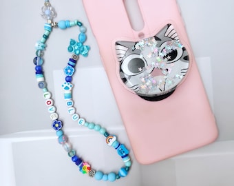 Iridescent Y2K teddy bear phone charm phone accessories phone strap beaded keychain 90s style gift kawaii phone strap with message love blue