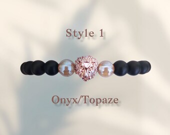 Bracciale Uomo Braccialetto con perline blu scuro leone decorato nero