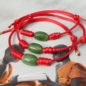 Green jade lucky bracelet Red string bracelet chinese tibetan bracelet adjustable bracelet year of fate folk style jade jewelry accessories