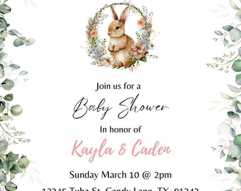 May include: A baby shower invitation with a watercolor illustration of a bunny rabbit in a floral wreath. The invitation is for Kayla & Caden and is set for Sunday, March 10th at 2pm. The address is 12345 Tuba St. Candy Lane, TX 91343. The RSVP number is Kayla 123-456-7890. The invitation also states that the event is registered at Babylist and asks guests to bring a pack of diapers to enter a diaper raffle.