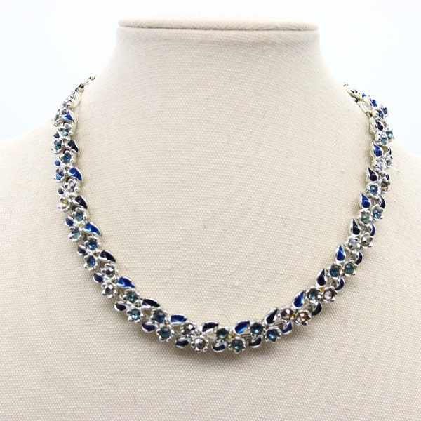 Vintage Coro Blue Enamel & Diamante Rhinestone Flower Necklace Circa 1960's