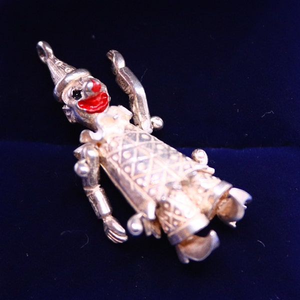 Vintage Silver & Enamel Large Articulated Clown Bracelet Or Pendant Charm 5.9g