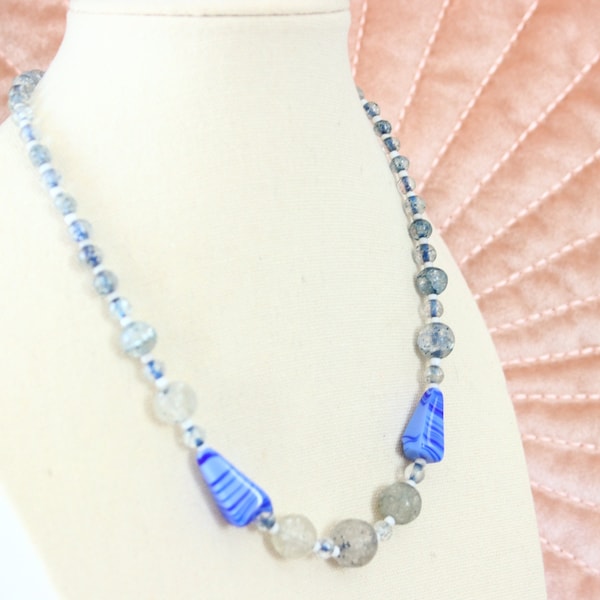 Vintage Venetian Murano Glass Blue Bicone & Round Graduating Deco Inspired Necklace