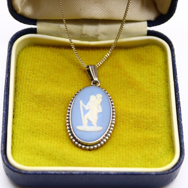 Vintage Wedgwood Blue Jasperware St.Christopher Cameo Pendant In Silver Hallmarked Setting On Italian 925 Chain With Box Circa 1977