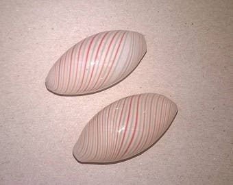 2 white blown glass oblong striped blue and orange beads