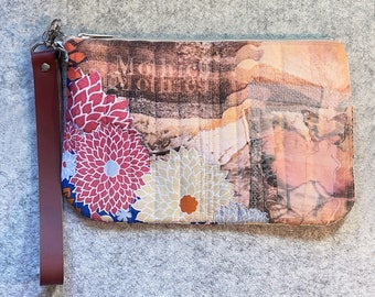 7* Unique Vintage inspired - Fabric Quilted Collage Clutch Wristlet - Zipper Pouch - Original Design - Printed on Recycle fabric - Handmade