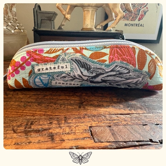 Quilted Eyeglass Case, Recycled Plastic Bottle Fabric, Zipper Glasses Pouch, Vintage Photo Print, Eco Friendly Gift, Positive Message