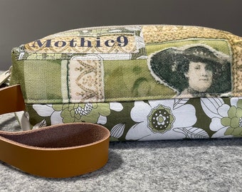 11* Unique Vintage inspired - Fabric Collage Wristlet -Zipper Pouch -Dopp kit - Makeup- Original Design -Printed on Recycle fabric -Handmade