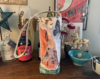 Wine Tote/Water Bottle Tote - Queen Wings Handmade vintage inspired original design printed on fabric made with recycled plastic bottles WT9