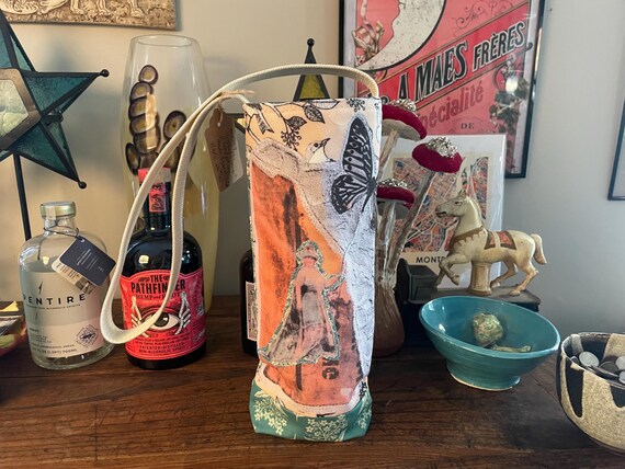 Wine Tote/Water Bottle Tote - Queen Wings Handmade vintage inspired original design printed on fabric made with recycled plastic bottles WT9