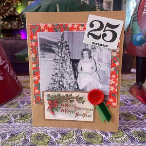 Cartão de Natal feito à mão - Design de mídia mista com tecido reciclado, materiais sustentáveis e detalhes de inspiração vintage HC 11