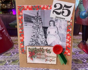 Handmade Holiday Christmas Card - Mixed Media Design with Recycled Fabric, Sustainable Materials, & Vintage-Inspired Details HC 11