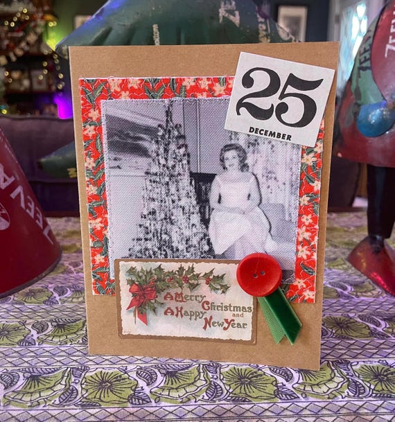 Handmade Holiday Christmas Card - Mixed Media Design with Recycled Fabric, Sustainable Materials, & Vintage-Inspired Details HC 11