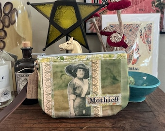 Nostalgic Unique Vintage inspired -Fabric Quilted Collage Clutch Wristlet - Zipper Pouch - Original Design - Printed on Recycle fabric LW5