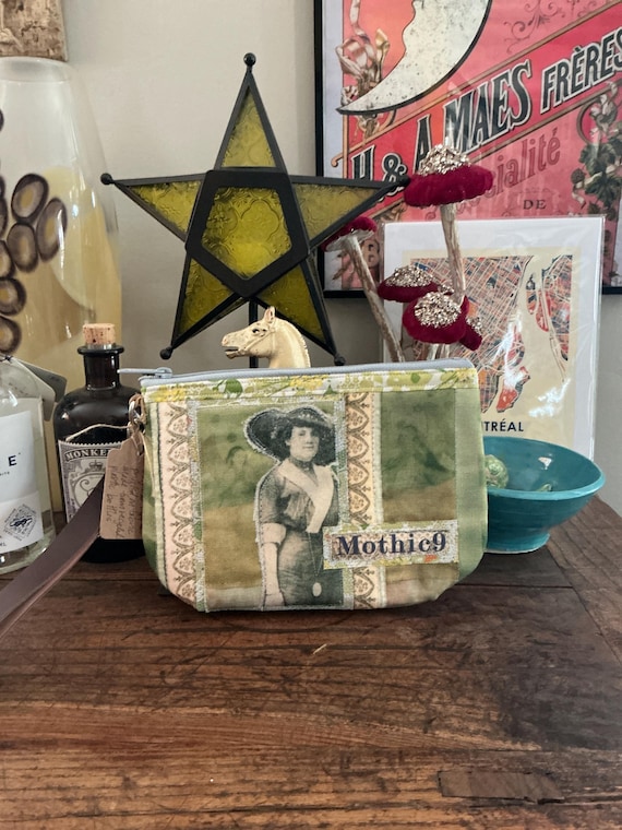 Nostalgic Unique Vintage inspired -Fabric Quilted Collage Clutch Wristlet - Zipper Pouch - Original Design - Printed on Recycle fabric LW5