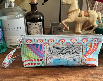 Handmade Recycled Zipper Pouch - Eco-Friendly Cosmetic Bag - Vintage Inspired Original design on recycle fabric - Small Travel Pouch SWB 5