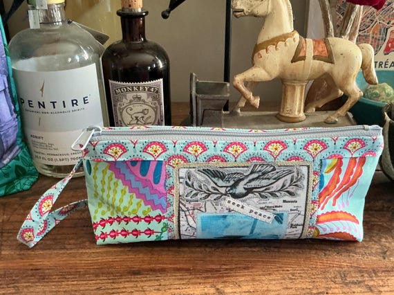 Handmade Recycled Zipper Pouch - Eco-Friendly Cosmetic Bag - Vintage Inspired Original design on recycle fabric - Small Travel Pouch SWB 5