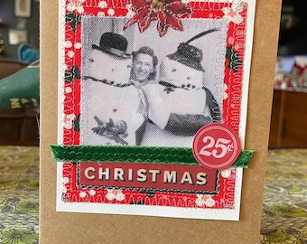 Handmade Holiday Christmas Card - Mixed Media Design with Recycled Fabric, Sustainable Materials, & Vintage-Inspired Details HC 4