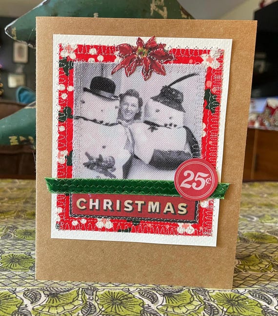 Handmade Holiday Christmas Card - Mixed Media Design with Recycled Fabric, Sustainable Materials, & Vintage-Inspired Details HC 4