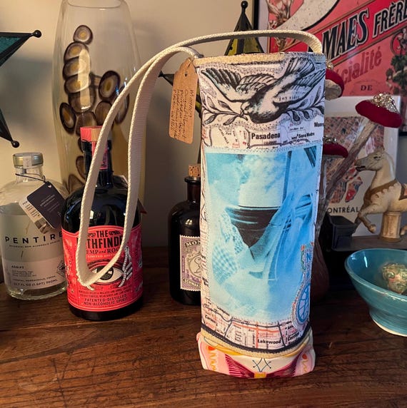 Vintage-Inspired Wine Tote – Joy Ride Design, Eco-Friendly Fabric, Handmade Gift for Wine Lovers – Recycled Plastic Bottle Bag WT3