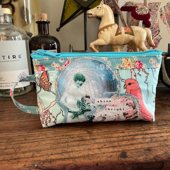 Mini Handmade Recycled Zipper Pouch - Eco-Friendly Small Cosmetic Bag - Vintage Inspired Design on Recycled Fabric - Essentials Pouch SZP 3