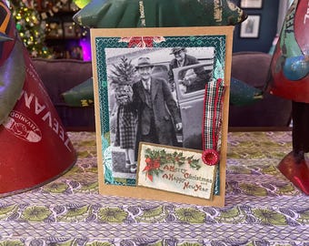 Handmade Holiday Christmas Card - Mixed Media Design with Recycled Fabric, Sustainable Materials, & Vintage-Inspired Details HC 1