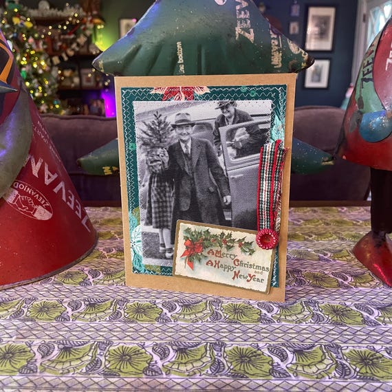 Handmade Holiday Christmas Card - Mixed Media Design with Recycled Fabric, Sustainable Materials, & Vintage-Inspired Details HC 1