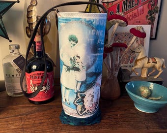 Floral 1930s Lady Wine Tote - Handmade vintage inspired  - original design printed on fabric made with recycled plastic bottles WT7