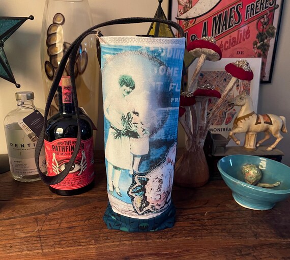 Floral 1930s Lady Wine Tote - Handmade vintage inspired  - original design printed on fabric made with recycled plastic bottles WT7