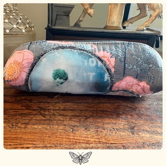 Quilted Eyeglass Case, Recycled Plastic Bottle Fabric, Zipper Glasses Pouch, Vintage Photo Print, Eco Friendly Gift, Positive Message